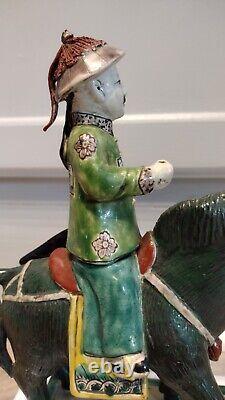 Antique Porcelain Qing Dynasty Sancai China Horse With Soldier Figurine 19th Cen