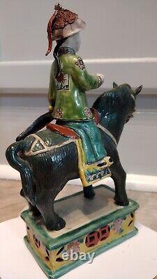 Antique Porcelain Qing Dynasty Sancai China Horse With Soldier Figurine 19th Cen