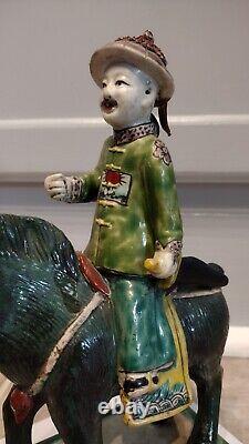 Antique Porcelain Qing Dynasty Sancai China Horse With Soldier Figurine 19th Cen