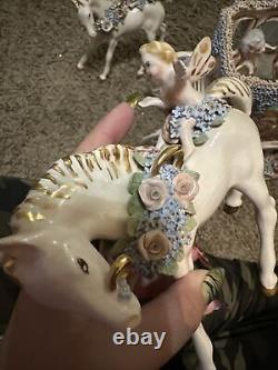 Antique Porcelain Stagecoach & 4 Horses With Cherubs & 2 Lady Figurines