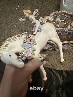 Antique Porcelain Stagecoach & 4 Horses With Cherubs & 2 Lady Figurines