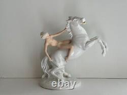 Antique Schaubach Kunst Germany Porcelain Nude Woman On White Horse, Figurine