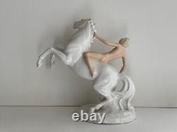Antique Schaubach Kunst Germany Porcelain Nude Woman On White Horse, Figurine