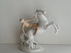 Antique Schaubach Kunst Germany Porcelain Nude Woman On White Horse, Figurine