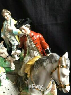 Antique porcelain large dresden porcelain group with horse riders. Marked