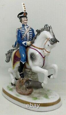 Blue hussar on horse Porcelain figurine Carl Thieme & Edme Samson marks AH835