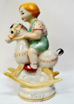 Boy Ride Rocking Horse Porcelain Figurine Vintg By Polonne USSR Height 16cm Gift