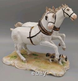 CARL THIEME DRESDEN PORCELAIN FIGURE HORSES with Dog STATUE ANTIQUE Broken Tail
