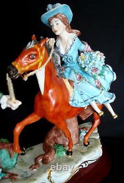 Capodimonte Italy Man Pulling Lady On Horse Porcelain Figurine Signed Fornili