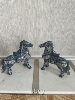 Chinese Horse Statue Chinoiserie Blue And White Porcelain Figurine Pair Of 2