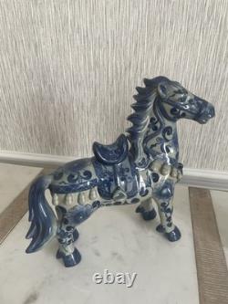 Chinese Horse Statue Chinoiserie Blue And White Porcelain Figurine Pair Of 2