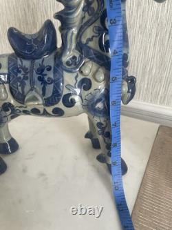 Chinese Horse Statue Chinoiserie Blue And White Porcelain Figurine Pair Of 2