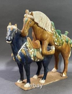 Chinese Tang Style Porcelain Horse Figurine Sancai Glaze Multicolor Saddle