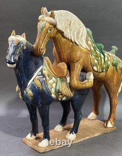 Chinese Tang Style Porcelain Horse Figurine Sancai Glaze Multicolor Saddle
