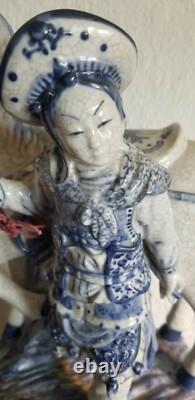 Chinese Very collectible ORIENTAL BOMBAY BLUE WHITE PORCELAIN statue Man & Horse