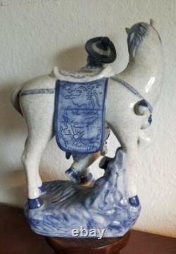 Chinese Very collectible ORIENTAL BOMBAY BLUE WHITE PORCELAIN statue Man & Horse