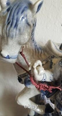 Chinese Very collectible ORIENTAL BOMBAY BLUE WHITE PORCELAIN statue Man & Horse