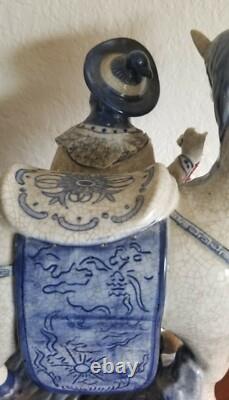 Chinese Very collectible ORIENTAL BOMBAY BLUE WHITE PORCELAIN statue Man & Horse