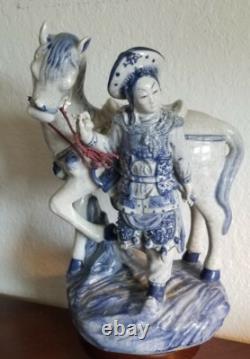 Chinese Very collectible ORIENTAL BOMBAY BLUE WHITE PORCELAIN statue Man & Horse
