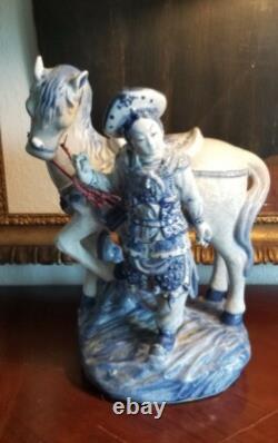 Chinese Very collectible ORIENTAL BOMBAY BLUE WHITE PORCELAIN statue Man & Horse