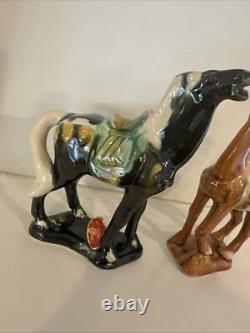 Chinese War Horses Tang Style Sancai Drip Tri Glaze Ceramic Statue Figurines EUC