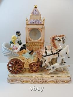 Colonial Horse Drawn Carriage Figurine Statue Porcelain Clock Holder Vintage