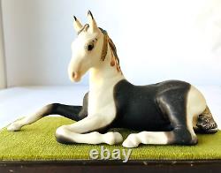 Cybis Pinto Colt Porcelain Horse with Indian Feather Decoration + Wood Stand