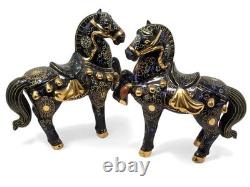 Dramatic Black Gold Gilt Chinese Rearing Stallion War Horse Pair 11.75