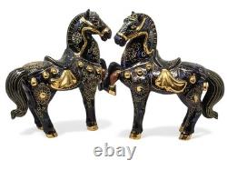 Dramatic Black Gold Gilt Chinese Rearing Stallion War Horse Pair 11.75