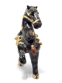 Dramatic Black Gold Gilt Chinese Rearing Stallion War Horse Pair 11.75
