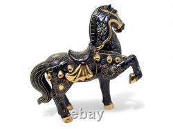 Dramatic Black Gold Gilt Chinese Rearing Stallion War Horse Pair 11.75
