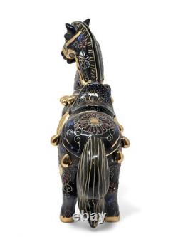 Dramatic Black Gold Gilt Chinese Rearing Stallion War Horse Pair 11.75