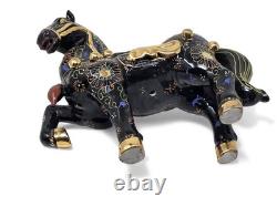 Dramatic Black Gold Gilt Chinese Rearing Stallion War Horse Pair 11.75