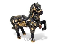 Dramatic Black Gold Gilt Chinese Rearing Stallion War Horse Pair 11.75
