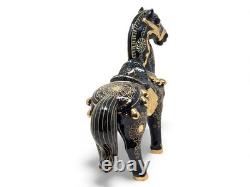 Dramatic Black Gold Gilt Chinese Rearing Stallion War Horse Pair 11.75