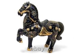 Dramatic Black Gold Gilt Chinese Rearing Stallion War Horse Pair 11.75