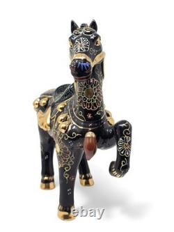 Dramatic Black Gold Gilt Chinese Rearing Stallion War Horse Pair 11.75