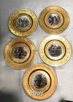 Dresden Porcelain Cabinet Plates (5) Gold Border Pastoral And Horse Scenes