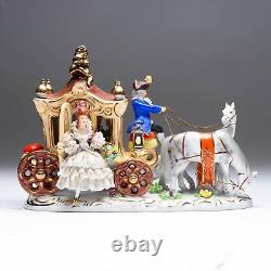 Dresden Porcelain Horse-Drawn Carriage Lady with Lace Dress Figural Group #6065