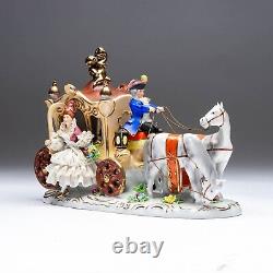 Dresden Porcelain Horse-Drawn Carriage Lady with Lace Dress Figural Group #6065