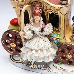 Dresden Porcelain Horse-Drawn Carriage Lady with Lace Dress Figural Group #6065