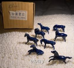 Eight Cobalt Blue Horses Complete Porcelain Vintage Western Ranch Equestrian