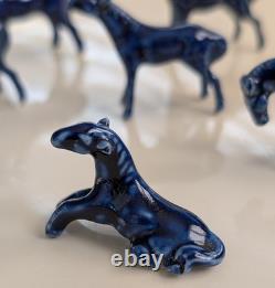 Eight Cobalt Blue Horses Complete Porcelain Vintage Western Ranch Equestrian