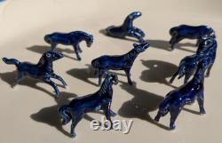 Eight Cobalt Blue Horses Complete Porcelain Vintage Western Ranch Equestrian