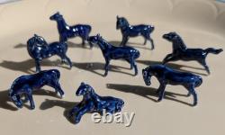 Eight Cobalt Blue Horses Complete Porcelain Vintage Western Ranch Equestrian