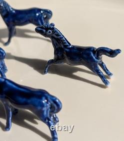 Eight Cobalt Blue Horses Complete Porcelain Vintage Western Ranch Equestrian