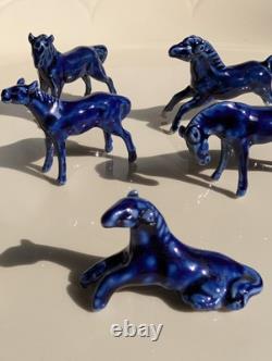 Eight Cobalt Blue Horses Complete Porcelain Vintage Western Ranch Equestrian