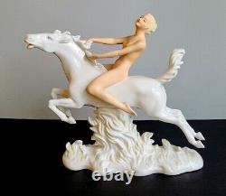 German Porcelain Figure Of Nude Woman On White Horse By Schaubach Kunst Art Deco