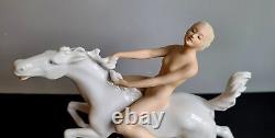 German Porcelain Figure Of Nude Woman On White Horse By Schaubach Kunst Art Deco