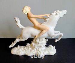 German Porcelain Figure Of Nude Woman On White Horse By Schaubach Kunst Art Deco